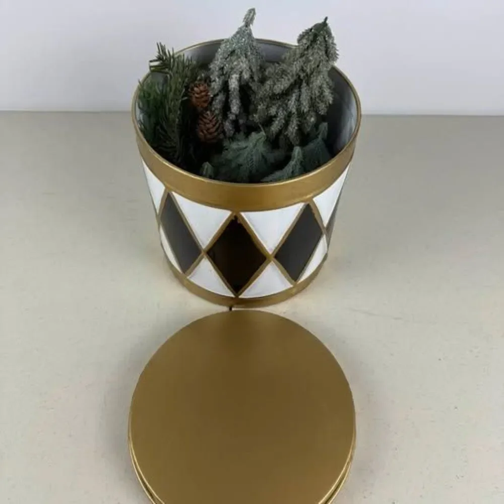 Harlequin Pattern Decorative Metal Tin with Gold Lid